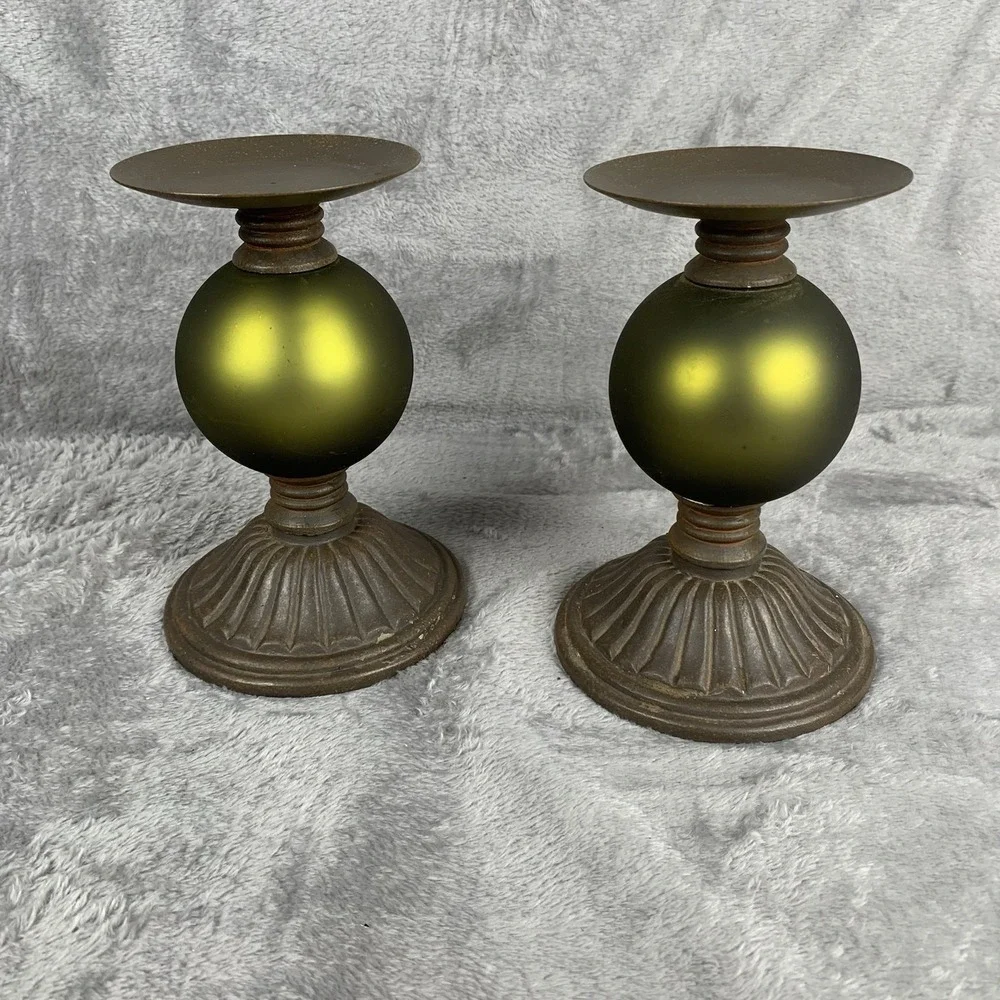 Vintage Candle Sticks Pair Pedestal Style Bronze & Green Target 2003